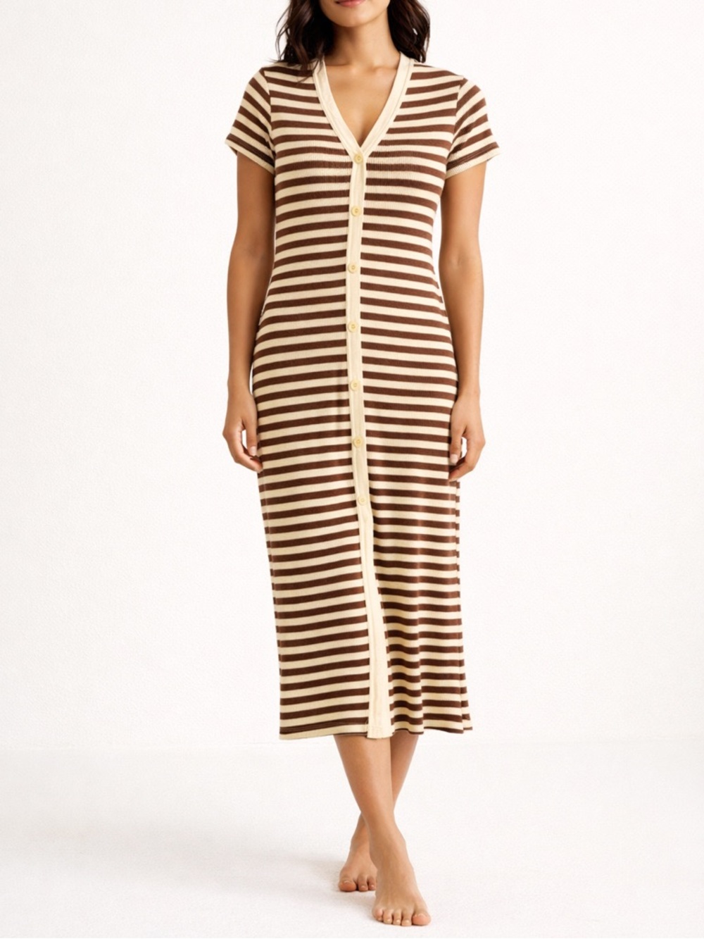 Wishlist Brown & Cream Striped V-Neck Knit Midi Dress Size Small